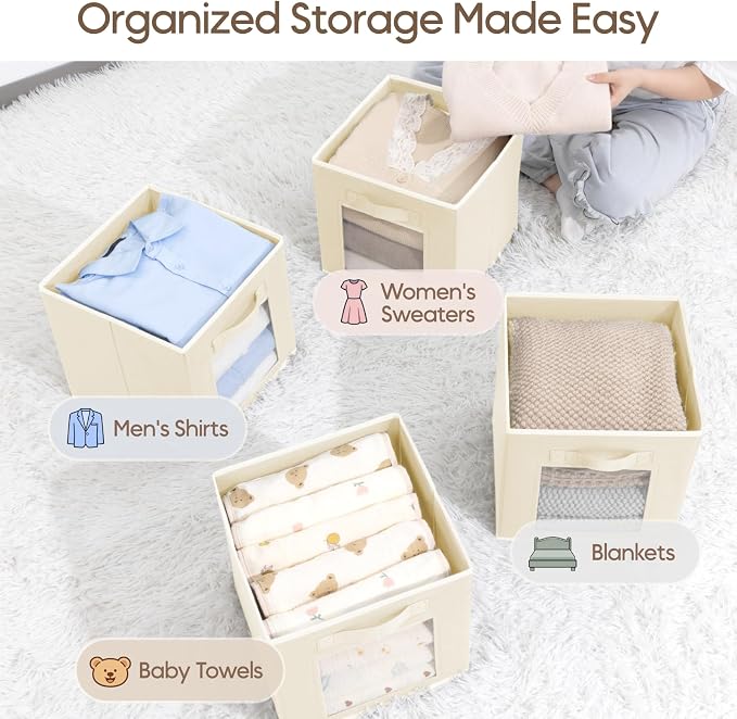 Foldable Storage Cubes - Cubby Storage Organizer with Window, Decorative Baskets for Organizing, Fabric Bins for Clothes Storage, Closet Storage Cubes-11inch, Set of 8, Beige - Image 5