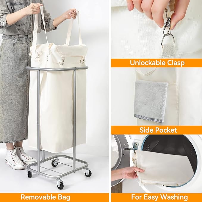 WOWLIVE 100L Rolling Laundry Basket with Wheels, Tall Laundry Hamper | Laundry Cart with Steel Frame and Removable Bag, Foldable Dirty Clothes Hamper for College Dorm, Laundry Storage, Light Beige - Image 5