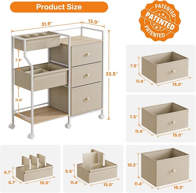 Modanais Baby Diaper Caddy Organizer Rolling Cart with Drawers, Off White | Detachable Dividers, 3 Tier Rolling Cart, Mobile Utility Cart with Wheels for Nursery, Bedroom, Changing Table & Crib - Image 2