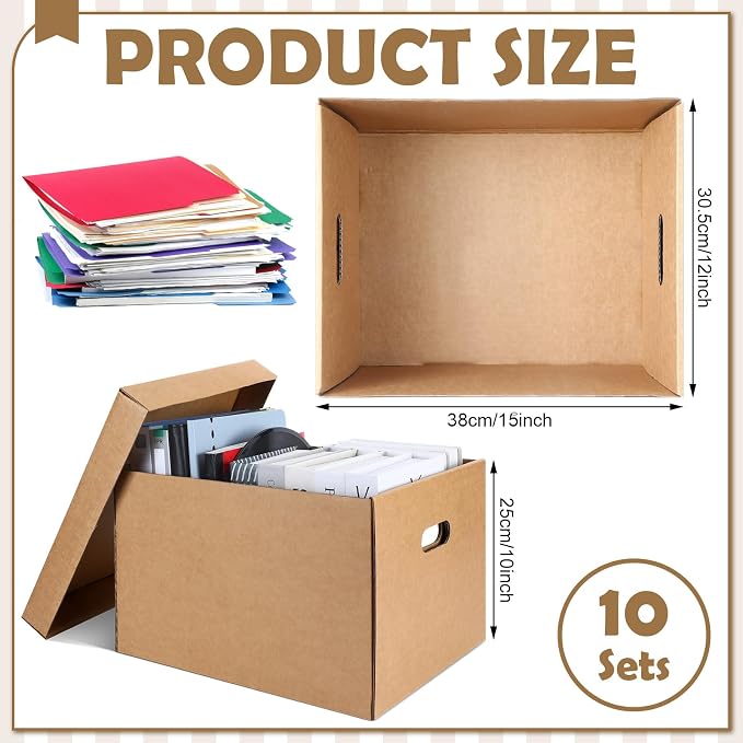 10 Pcs 15 x 12 x 10 Inch Archival Storage Cartons Bulk, Acid Free Buffered Corrugated Board Ready-To-Assemble Photo Storage Box for Storing Documents Magazines Photos Cards(Kraft) - Image 2