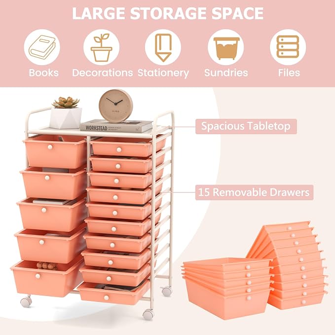 RELAX4LIFE 15-Drawer Storage Drawer Carts - Mobile Rolling Utility Cart w/Wheels, Craft Organizer for Classroom Organization and Storage, School, Office, Home, Storage Organizer Cart (Pink) - Image 4