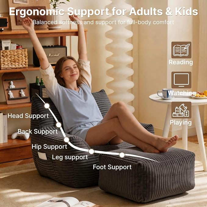 Oversized Bean Bag Chair with Ottoman, Bean Bag Couch with 2 Side Pockets, Corduroy Boneless Couch Chair in a Box, Comfy Lounge Chair for Living Room, Bedroom, Dorm, Gray - Image 5