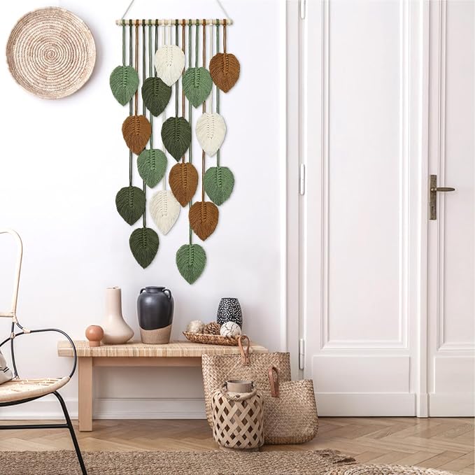 Vertical Macrame Wall Hanging Boho Home Decor Long Narrow Chic Wall Art | KHOYIME Bohemian Woven Leaves Tapestry Vintage Decorations for Front Door Indoor Entrance Living Room Bedroom 16.5"W x 37.5"L - Image 4