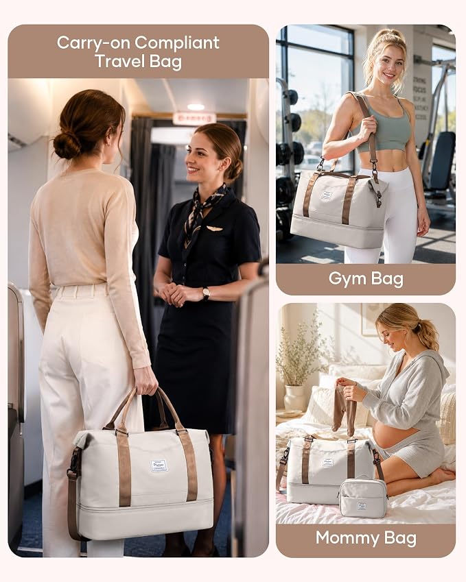 Travel Duffel Weekender Bag Women Tote Carry On Bags With Shoe Compartment | 18x14x8 inches Travel Overnight Bags with Trolley Sleeve for Airplanes Waterproof Sport Tote Gym with Toiletry Bag Beigebrown - Image 8