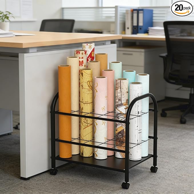 Blueprint Storage Holder with Wheels – 20-Slot Metal Roll File Rack with Silent Casters & Brakes for Blueprints, Wrapping Paper, Posters, Maps – Mobile File Cart for Office & Home (Black) by Yutrchey
