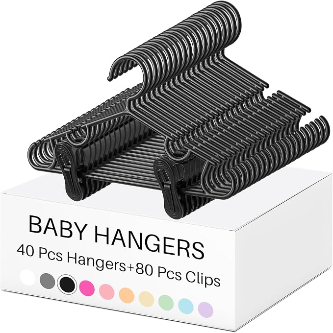 Hsei Baby Hanger with Clip for Pant,120 Packs Total,Black,10.6 Inch | 40 Kids Plastic Hanger with 80 Clips for Newborn, Nursery, Daycare, Preschool, Closet, Wardrobe Organizer for Baby Shower by Hsei