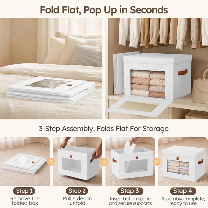 Storage Bins with Lids - Front Opening Storage Box with Clear Window & Handles, Stackable Foldable Fabric Bins for Closet Organization, Clothes, Sweaters, Towels, Blankets, 3 Pack, White - Image 4
