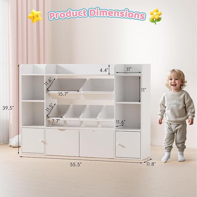 Xilingol Kids Toy Storage Organizer W/6 Removable Toy Bins, 4-Tier Toy Organizers W/6 Storage Cubbies and 2 Movable Drawers, Kid Bookshelf and Toy Storage for Playroom, Bedroom, Kids Room (White) - Image 2