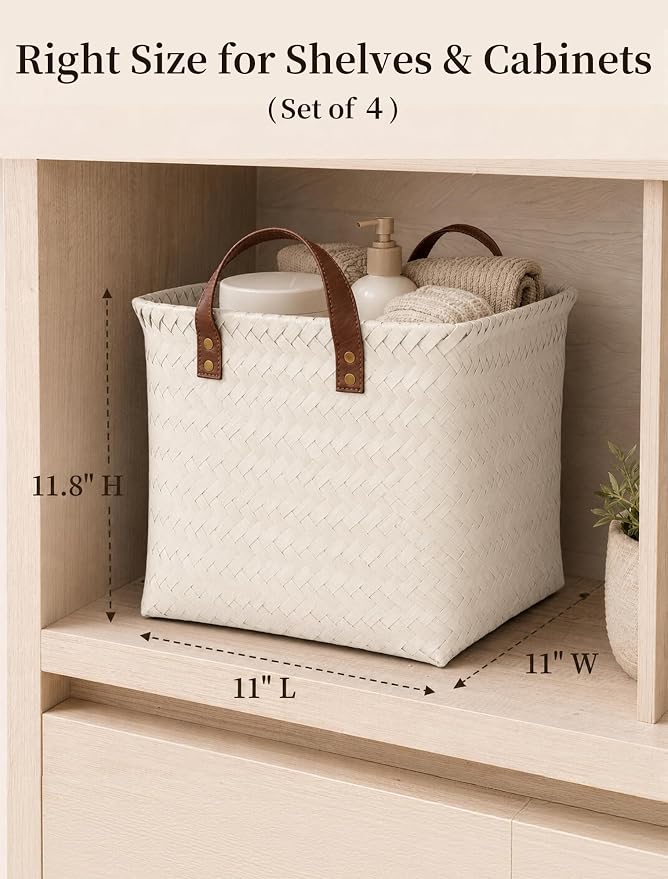 Wicker Storage Baskets, 4 Pack Woven Baskets for Shelves, White | PP Rattan, Water-resistant Wicker Basket, Large Baskets with Faux Leather Handles for Blanket, Laundry Organizer, Room Decor - Image 2
