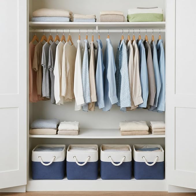 Fabric Storage Cubes 13 x 13, Collapsible Storage Bins for Shelf Baskets, Cube Storage Organizer White Navy Bins with Cotton Handles,Foldable Storage Bin box,Cube Storage Bin 6 Pack - Image 7