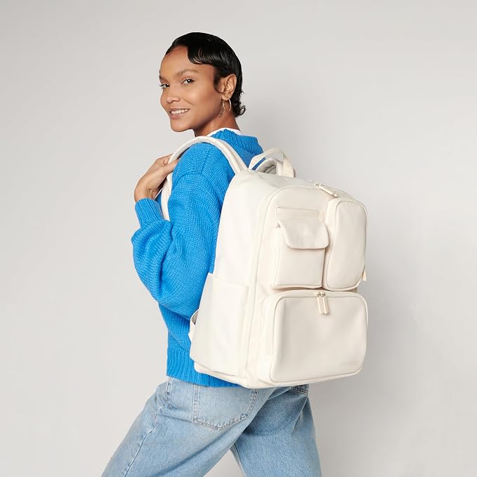 Itzy Ritzy Utility Diaper Bag Backpack, 17 Pockets w/Changing Pad (Cream) | Travel-Ready Diaper Backpack with 2 Insulated Bottle Holders, Laptop Compartment, Trolley Sleeve, Straps, and Changing Pad - Image 2