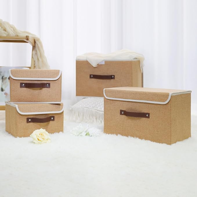 ANMINY Fabric Storage Box Bins with Lids, Khaki, 13"x9"x7.9" | Keepsake Memory Storage, Cotton Linen, PP Board Reinforced, Washable, PU Handles, Foldable & Stackable, Decorative, Medium - Image 6