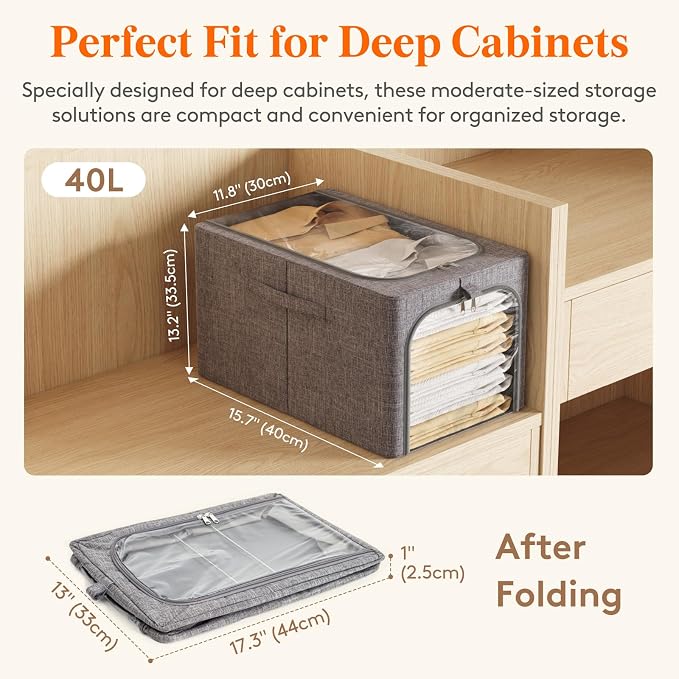 Lifewit Clothes Storage Bins with Metal Frame 4 Pack, Fabric Stackable Storage Bags with Lids, Zipper, Foldable Clost Organizers Containers for Clothing, Blanket, Winter Cloth, 40L - Image 4