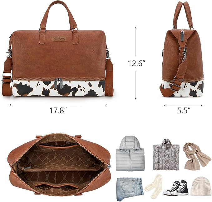 Wrangler Travel Duffel Bag Carry On Overnight Bag with Shoe Compartment Cow Print Weekender Bag for Women WG253-5110COW-BR - Image 3
