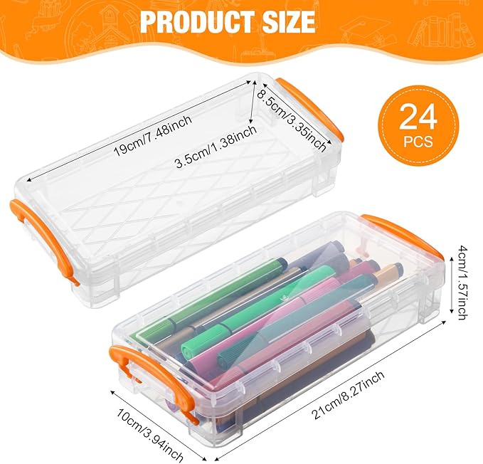 Gueevin 24 Pcs Large Capacity Plastic Pencil Box Clear Plastic Pencil Case Crayon Box with Snap Tight Lid Watercolor Pen Storage Brush Organizer Drawing Tools Container (Orange) - Image 2