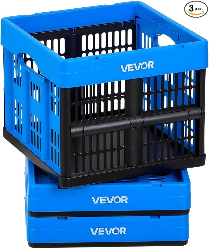 VEVOR Plastic Collapsible Storage Bins, 25L 3 Packs, Stackable Folding Storage Crates with Handles, Holds 22 lbs Per Bin, Foldable Heavy Duty Containers, Space-Saving Baskets, for Home Organizing by VEVOR