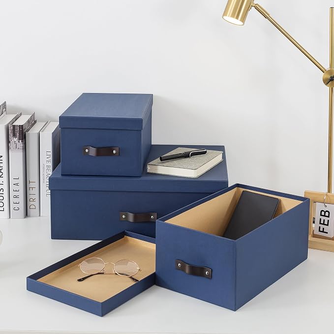 Soul & Lane - Decorative Storage Boxes with Handles, Set of 3, Navy | Sturdy Cardboard Photo Organizers with Lids for Office and Home, Blue Memory Storage Containers for Pictures and Papers - Image 5