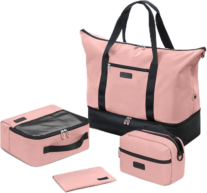 Oeihuivt Weekender Bags for Women with 3 Extra Pack - 21 Inch Large Travel Duffel Bag Set with Shoe Compartment, Heavy-Duty nylon Carry On Overnight Tote Black+Pink by Oeihuivtweekenderbag