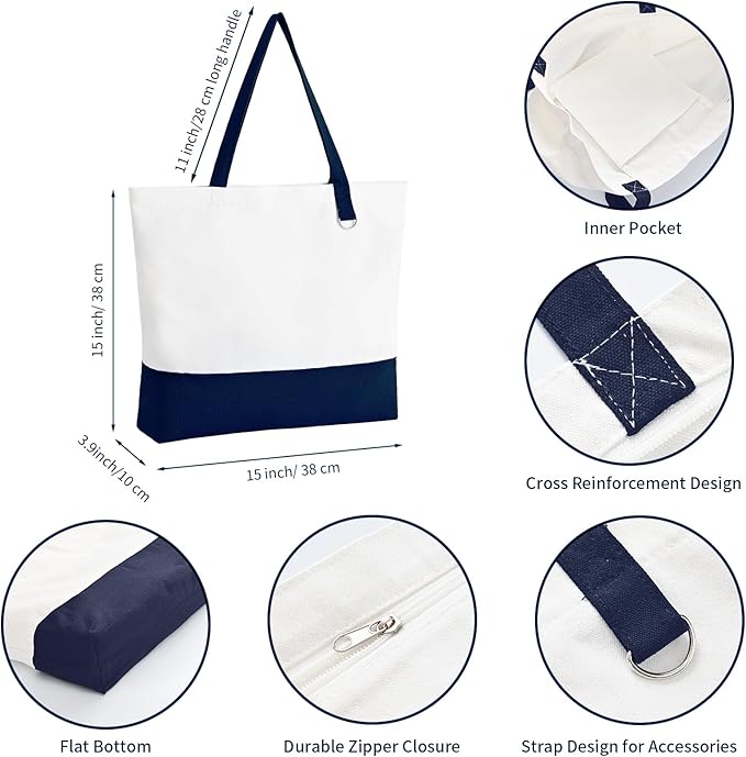 6-Pack Canvas Tote Bags with Zipper, Large Grocery Tote, Navy Blue | Reusable, washable, inner pocket, flat bottom, sturdy handle, for sublimation DIY/transfer, travel/beach/gift/Christmas craft - Image 4