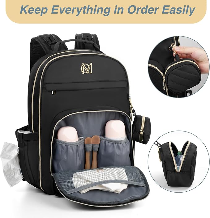Diaper Bag Backpack, Quilted Baby Bag with Changing Pad & Stroller Straps & Pacifier Case, Large Travel Diaper Bags for Mom Dad, Black - Image 5