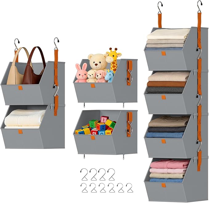 DIMJ Hanging Closet Organizer - 4 Tier Collapsible Hanging Shelves with Hooks Zipper, Fabric Clothes Organizer, Space-Saving Storage Bin Basket for RV, Bedroom, Laundry Organization by DiMJ