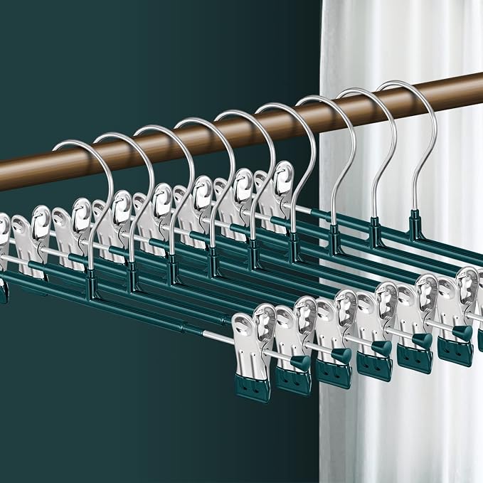 Pants Hangers with Clips Skirt Hangers, 12 Inch 20 Pack, Green | Non-Slip,Adjustable metal clips,Space-Saving,Heavy duty, for pants/skirt/dress/trousers/jeans/shorts/Clothes,Women,men by HWAJANClothesOrganizer