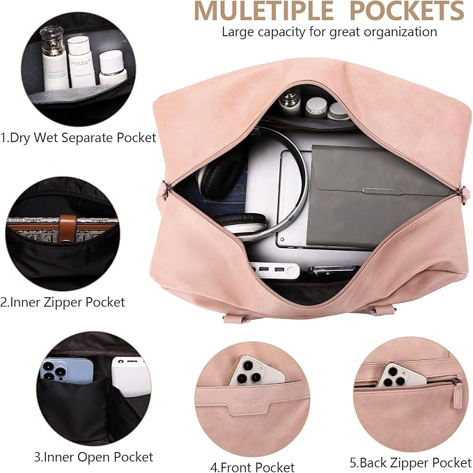4-in-1 Waterproof Faux Leather Overnight Travel Bag for Women Men | Hospital Gym Weekender Bag Carry On Personal Item Travel Duffel Bags with Shoe Compartment Toiletry Bag Fit 21" Laptop - Image 4