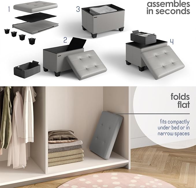 Storage Ottoman Cube with Small Bin, 16-in Square Ottoman with Storage for Living Room and Bedroom, Small Ottomans Foot Rest, Leather Foot Stools Ottomans Max 330lbs, Light Grey - Image 9