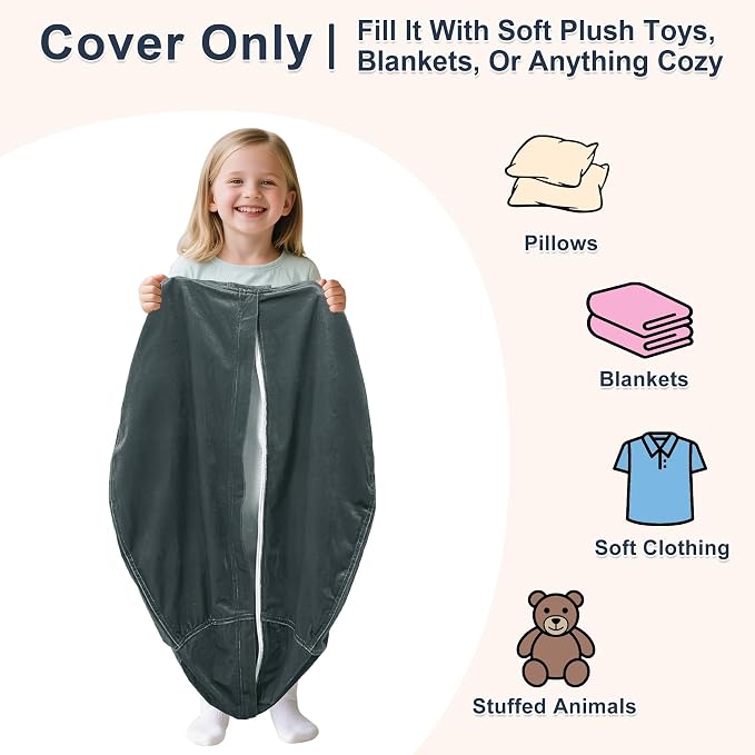 Lukeight Stuffed Animal Storage Bean Bag Chair Cover for Kids, Velvet Plush Toy Organizer Seat, Cover Only, No Filling Included, Long YKK Zipper, Side Pocket, X-Large 30"D x 18"H - Image 2