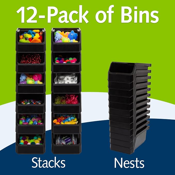 Small Stackable Plastic Storage Bins, 12-Pack, Black | Open-Front Stackable Bins For Garage, Pantry, Closet & Office, 7"L X 4"W X 3"H, Nests When Empty, Durable Plastic - Image 3