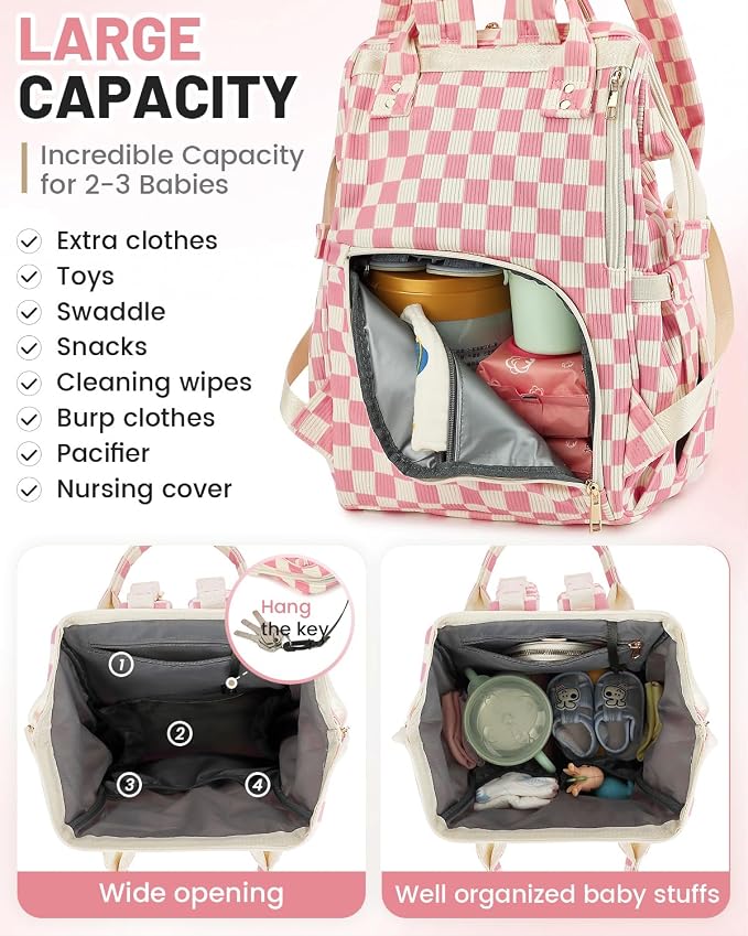 Corduroy Diaper Bag Backpack, Large Capacity Multifunction Baby Diaper Bags for Women, Insulated Bottle Pockets & Pacifier Case, Stylish Travel Nappy Changing Bags for Mom Dad (Checkered Pink) - Image 4