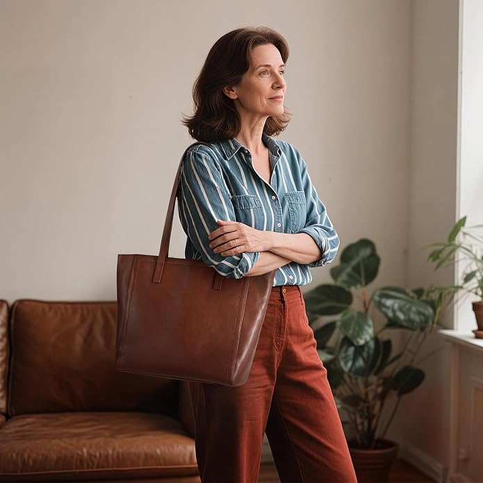 befen Vintage Genuine Leather Work Tote Bag for Women, Tote Bag with Zipper | Large Tote Bag with Zipper Leather Purse and Handbags with Compartment, Vintage Genuine Leather Work Tote Bag for Women - Image 2