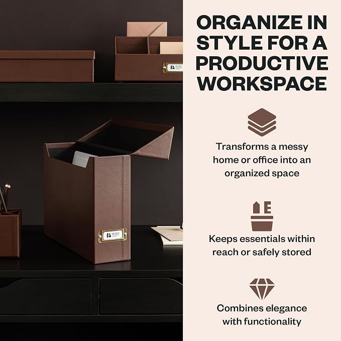 Bigso Lovisa Fiberboard Document Storage Box with 12 Folded Files for A4 and Letter Size Papers - Durable File Organizer Box with Lid and Label Holder - W3.7 x D13 x H9.4 (inches) - Recycled Leather - Image 2