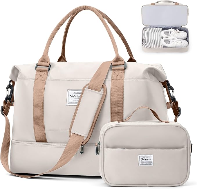 Large Weekender Bags for Women, Travel Duffel Bag with Shoe Compartment,Personal Item Travel Carry on Overnight Bag for Women Travel Set,Beige & Brown by SUNMOP