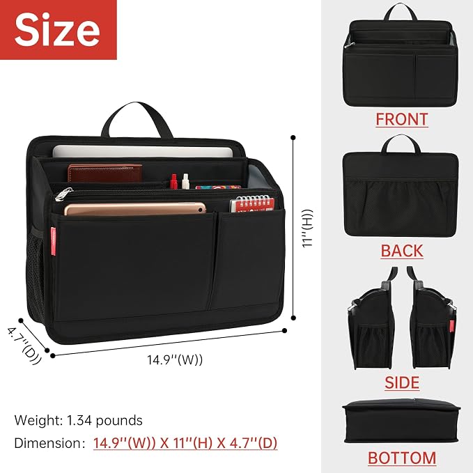 Large Rugged Organizer Insert for Briefcase Tote Shoulder Messenger Bag-20 Pockets,Padded Water-repellent Nylon-Black - Image 5