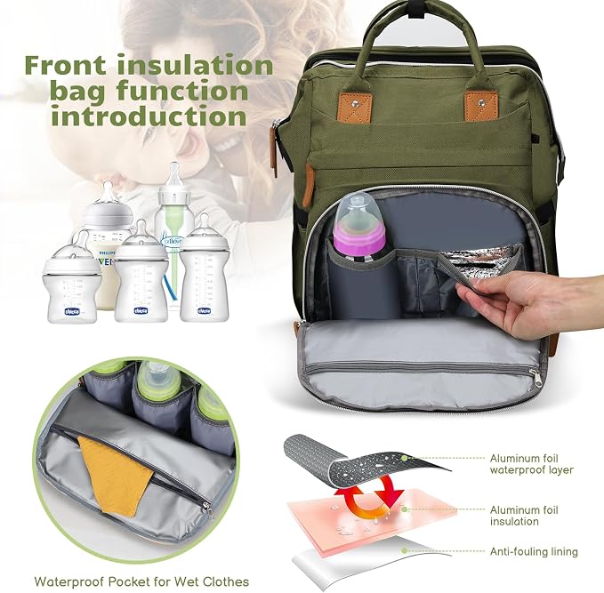 Diaper Bag Backpack for New Parents, Large Capacity Baby Travel Bag with Bottle Holders, Multiple Compartments (Green) - Image 3