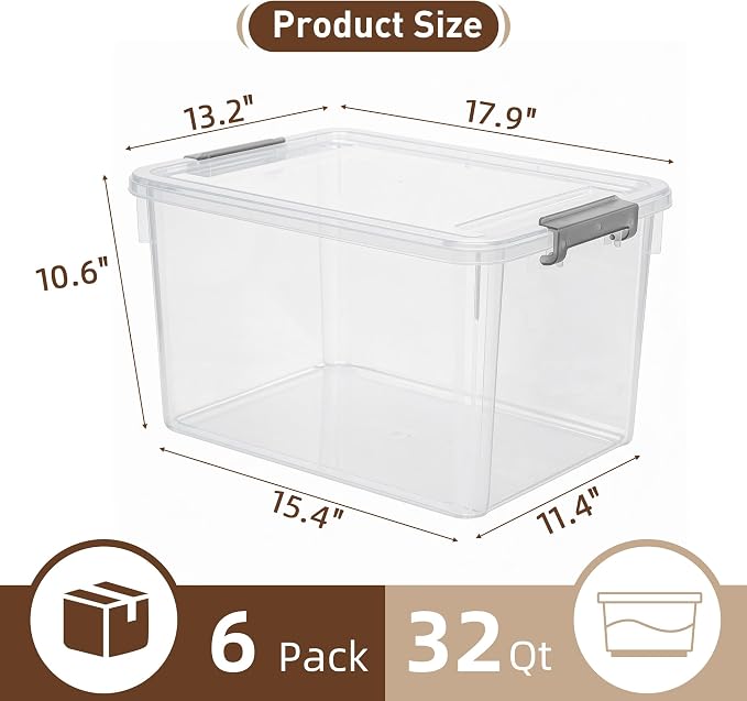 Citylife 6 Packs 32 QT Plastic Storage Bins with Lids Large Stackable Storage Containers for Organizing Clear Storage Box for Garage, Closet, Kitchen - Image 2