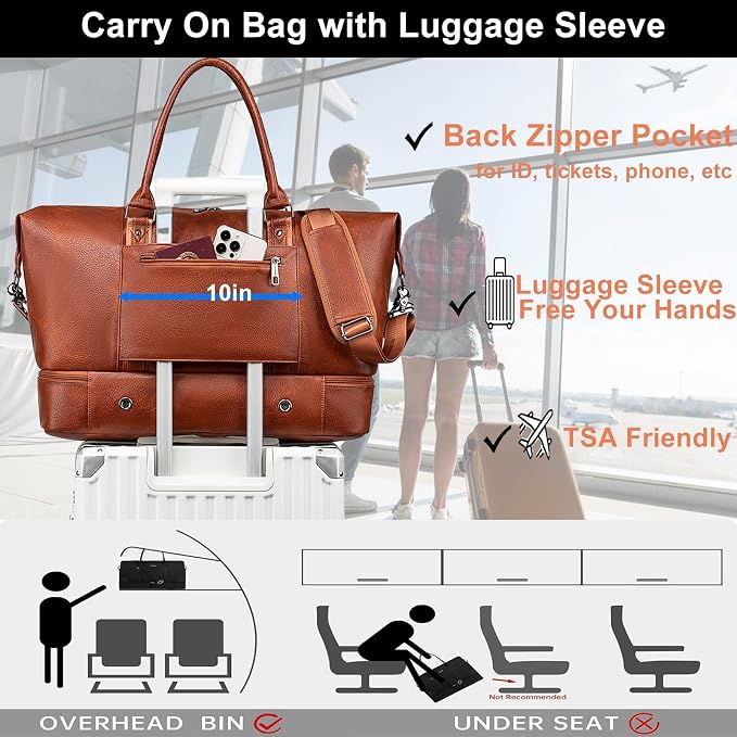 weiatas Faux Leather Travel Duffel Bag for Women Men, Large Weekender Overnight Bag with Shoes Compartment, Waterproof Carry On Bag Travel Tote Bag Gym Bag with Luggage Strap (Brown) - Image 4