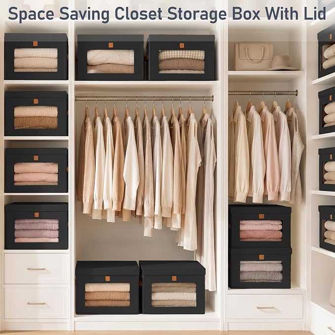 DIMJ Storage Bins with Lids - 5 Pack Front Opening Stackable Fabric Storage Boxes with Clear Window & Handles, Collapsible Closet Organizers for Clothes, Sweaters, Shelf Storage, Bedroom, Black - Image 7