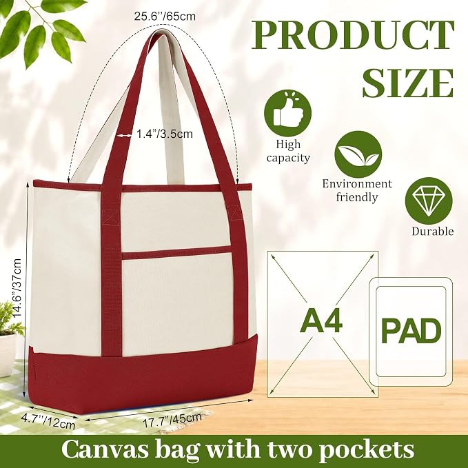 Sanwuta Canvas Tote Bags Bulk with Outer Pockets,Red Green,12 Pack | Reusable Cotton Grocery Bags, Perfect for Teachers, Party Giveaways, DIY Crafts, Wedding Favors, Business Gifts - Image 3