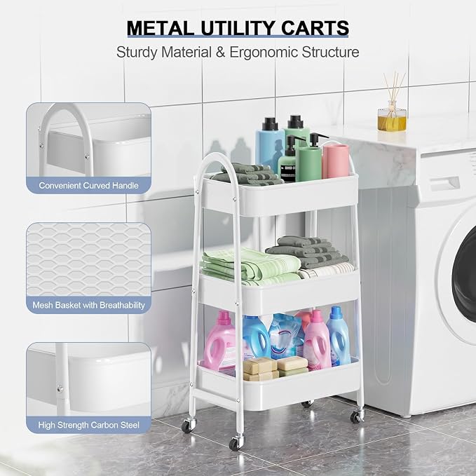 3 Tier Utility Rolling Cart, Metal Storage Cart with Handle and Lockable Wheels, Multifunctional Storage Organizer Trolley with Mesh Baskets for Kitchen, Living Room, Office, Garage (White) - Image 2