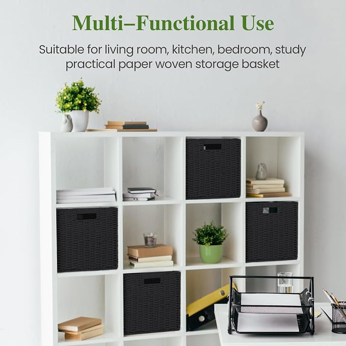 Patvingot 11-Inch Paper Rope Wicker Basket with Built-In Handles,2 Pack | For books, throws and accessories on open shelves, decorative woven texture, metal frame supports the shape, folds flat - Image 6