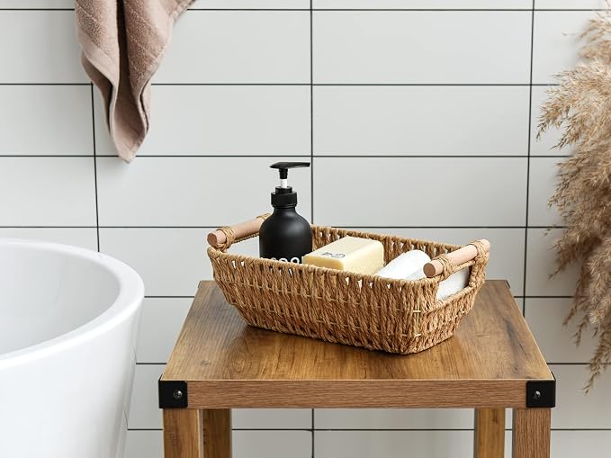 StorageWorks Hand-Woven Small Wicker Baskets, Round Paper Rope Storage Baskets with Wooden Handles, Light Brown, 2-Pack | Wicker Storage Baskets for Shelves, Baskets with Wooden Handles, 2-Pack Gifts Basket for Home Decor, Hand-Woven Basket - Image 4