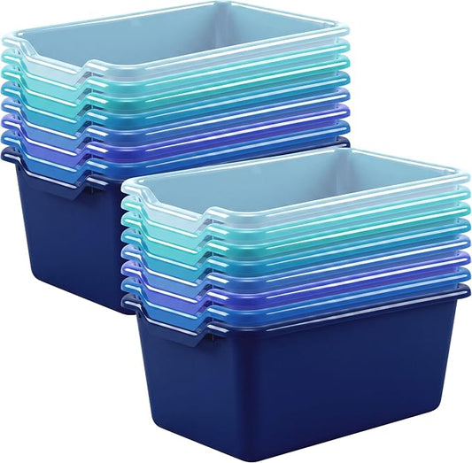 16 Pcs Cubby Bins for Classroom Plastic Book Bins,Blue Series | Storage Bins for Classroom Library, Plastic Stackable Toy Tubs Containers for School Office Home Nursery Playroom by Dandat