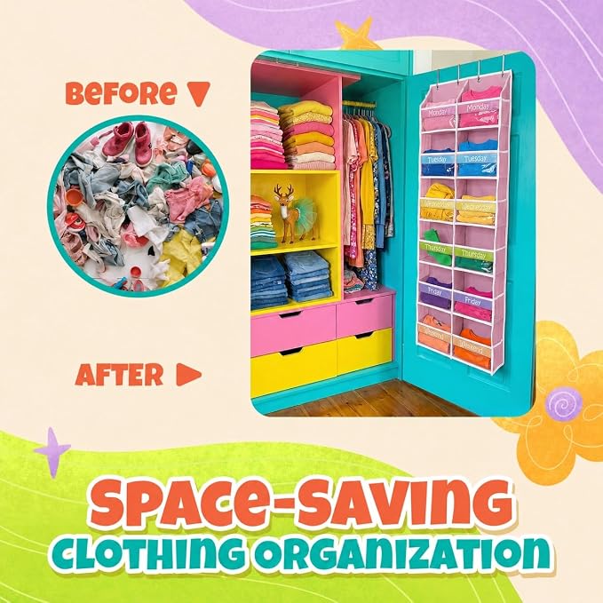 Housables Weekly Clothes Organizer for Kids, Kids Closet, 12 Shelf, Pink | Houseables Days of the Week Clothes Organizer, Daily Outfit Storage, Monday to Friday Clothing, Weekday, School, Door Hanging - Image 7