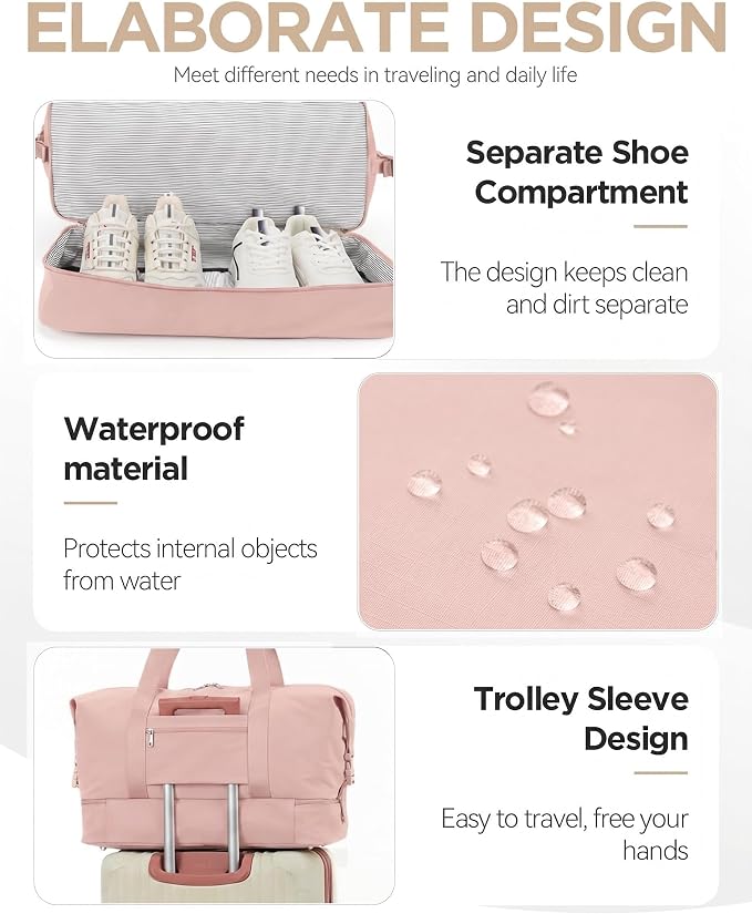 Oeihuivt Weekender Bags for Women, Pink, 21 Inch, 2-Piece Set | Large Travel Duffel Bag, Shoe Compartment, Heavy-Duty Canvas Leather, Carry On Overnight Tote - Image 5