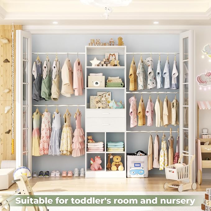 Besiost Closet System, 4-8 FT Closet Organizer Tower with 2 Wooden Drawers and Shelves, Can Fit 60 to 96 inch Walk-in Closet System with 5 Hanging Rods, Built-in, White - Image 7