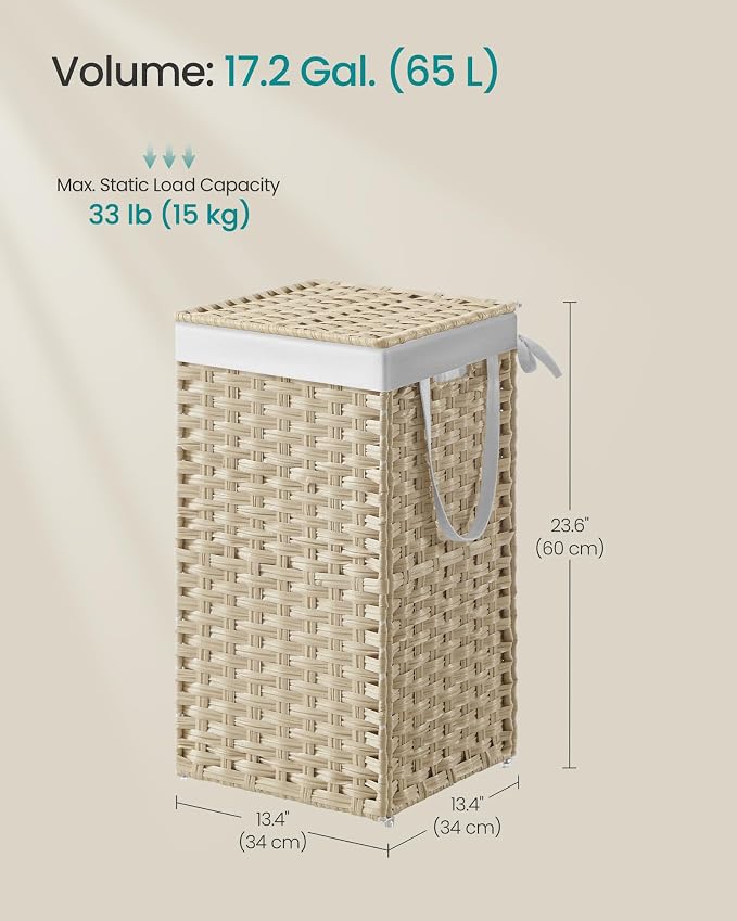 SONGMICS Laundry Hamper with Lid, 17.2 Gallon (65L) Synthetic Rattan Clothes Laundry Basket with Lid and Handles, Foldable, Removable Liner, Summer Sand ULCB165LZ01 - Image 6