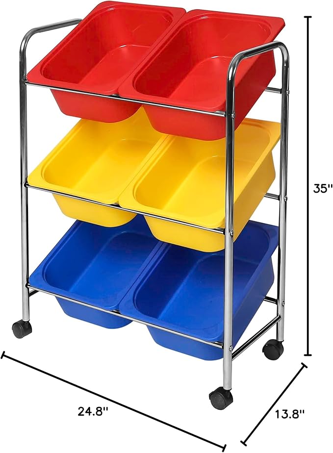 Seville Classics Rolling Utility Organizer Storage Cart, for Home Office, School, Classroom, Scrapbook, Hobby, Craft, 6-Bin, Multicolor - Image 3