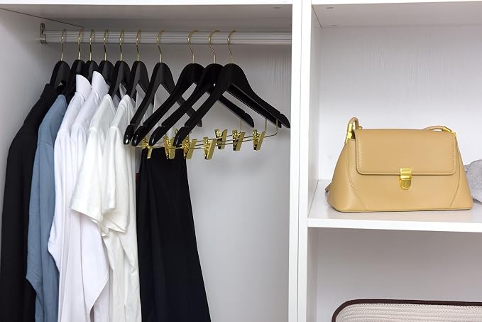 Quality Black Wooden Skirt Hangers with Clips, 20-Pack Smooth Solid Wood Pants Hangers with Durable Adjustable Metal Clips, Swivel Hook, Coat, Jacket, Blouse Suit Hangers (Black-Gold Hook, 20) - Image 3